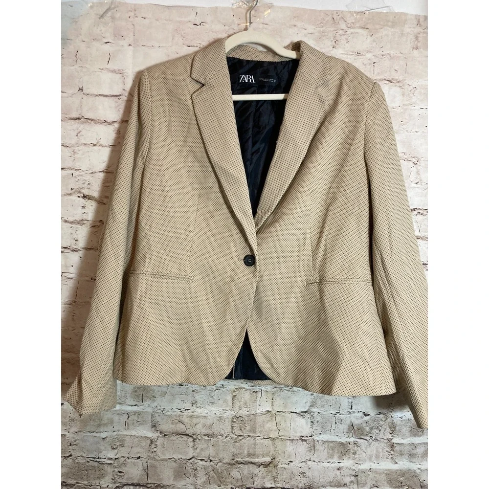 ZARA Zara Perforated Embroidery Blazer 14 Tan with Black Speckles One Button